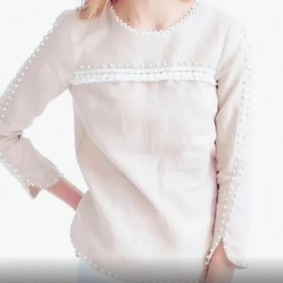 J.Crew White Linen Pom Pom Tassel Long Sleeve Top SZ 0 - Picture 2 of 12